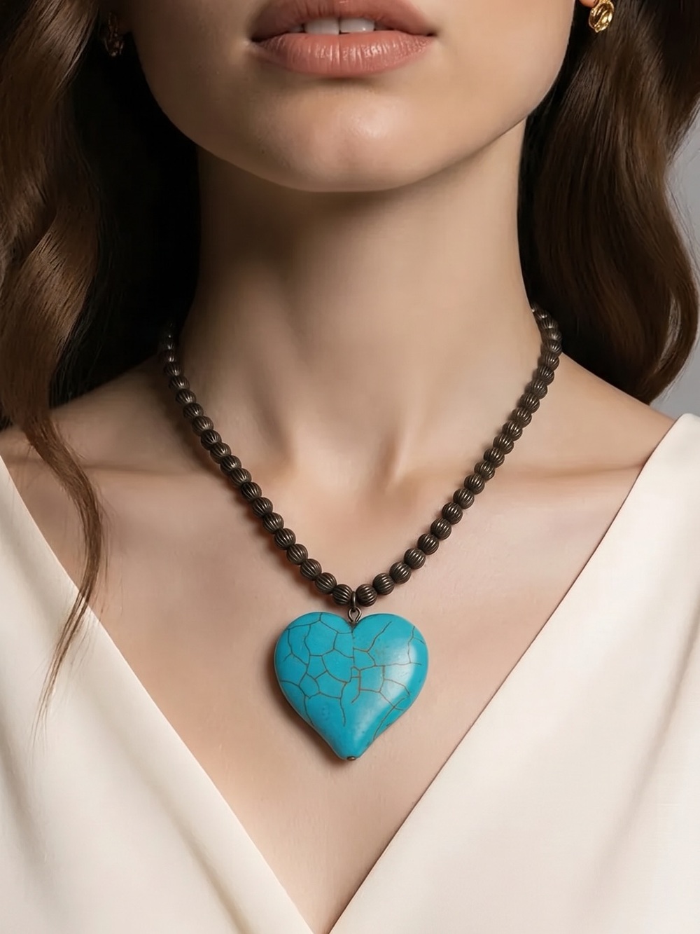 Turquoise Heart Pendant Brass Bead Necklace - Women's Jewelry
